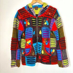 Rising International Colorful Boho Patchwork Y2K Hippie Hooded jacket Small b2